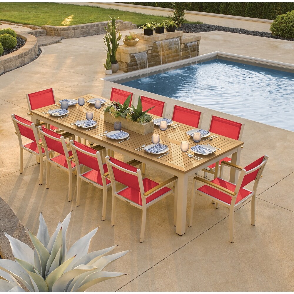 Oxford Garden Travira 11 piece 103 in x 42 in Tekwood Natural Table   Sling Armchair Dining Set   Red Sling