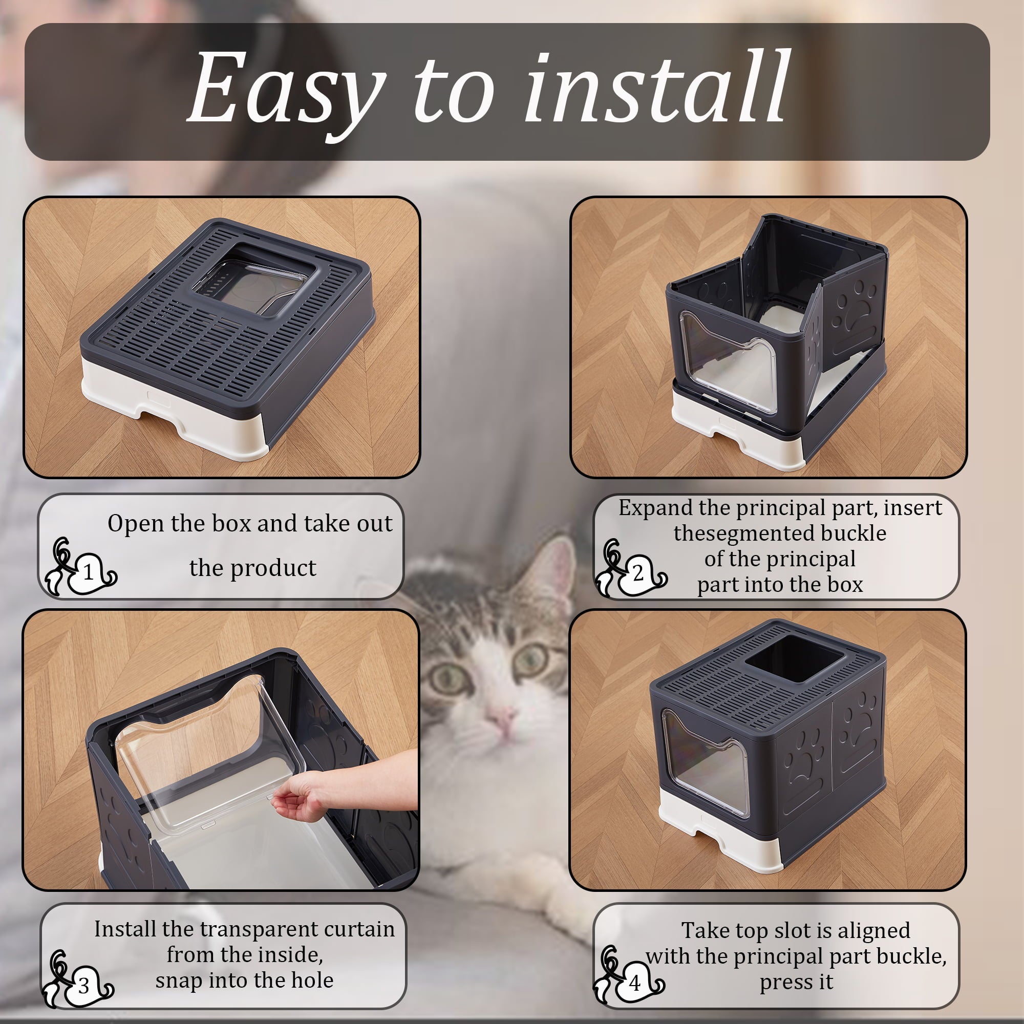 Top Entry Cat Litter Box with Lid， Foldable Cats Litter Box Include Litter Scoop， Enclosed Kitty Litter Box with Drawer Tray Easy Clean (Black)