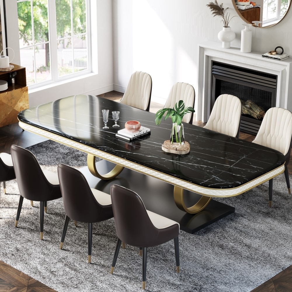 Modern Black Marble Dining Table for 6 10 with Rectangular Tabletop Dual Circle Base