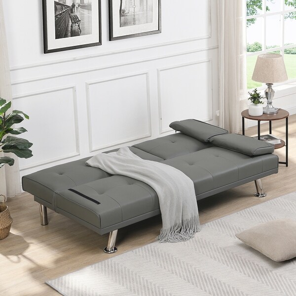 Wood Frame Futon sofa bed with Armrest， two holders