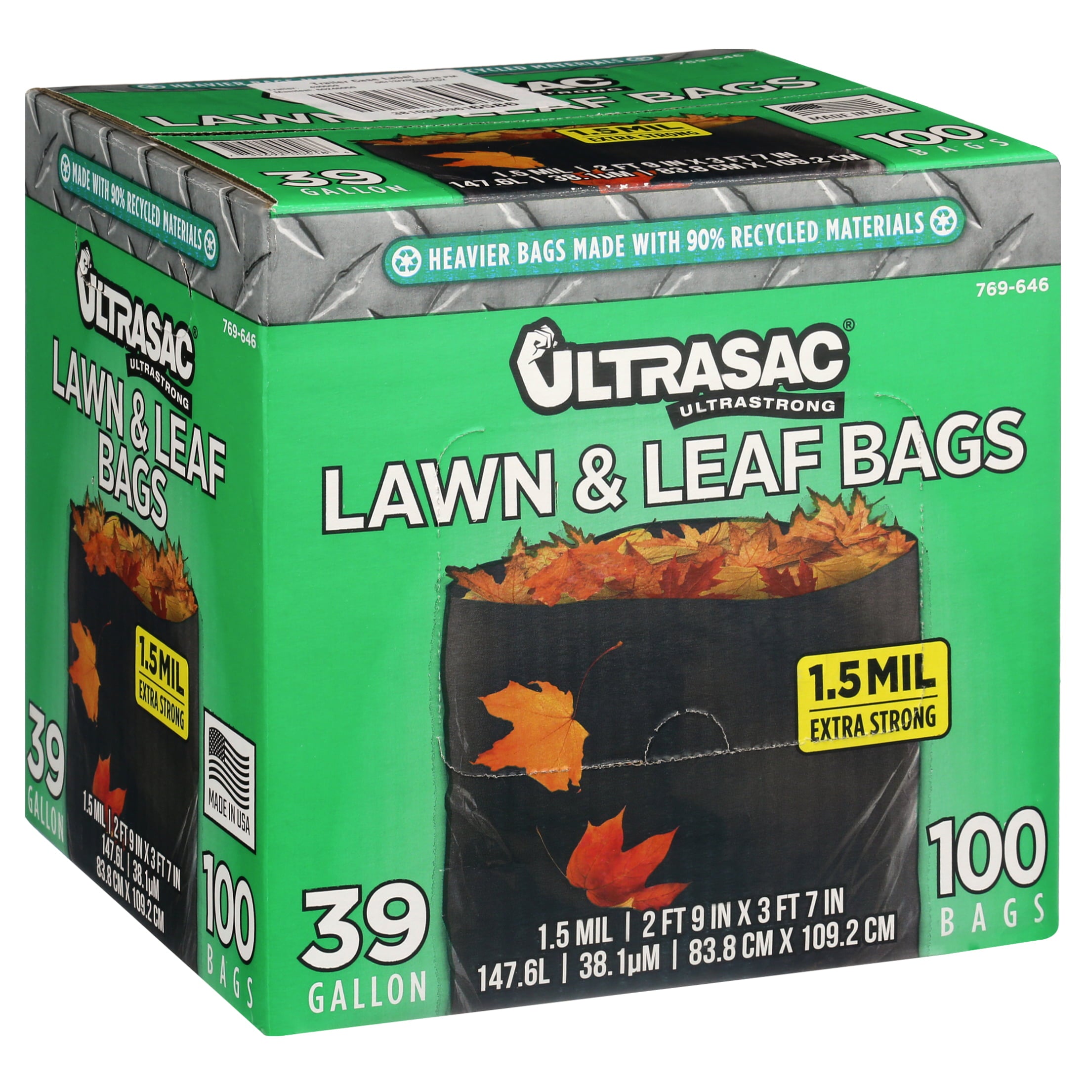 Lawn and Leaf Bags by Ultrasac - 39 Gallon Garbage Bags (HUGE 100 Pack /w Ties) 33" x 43" Heavy Duty Industrial Yard Waste Bag - Professional Outdoor Trash Bags for Contractors and more