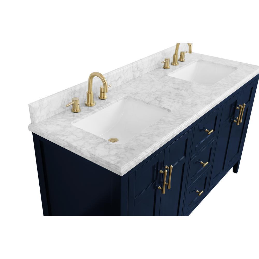 Home Decorators Collection Sturgess 61 in W x 22 in D Bath Vanity in Navy Blue with Marble Vanity Top in Carrara White with White Basins