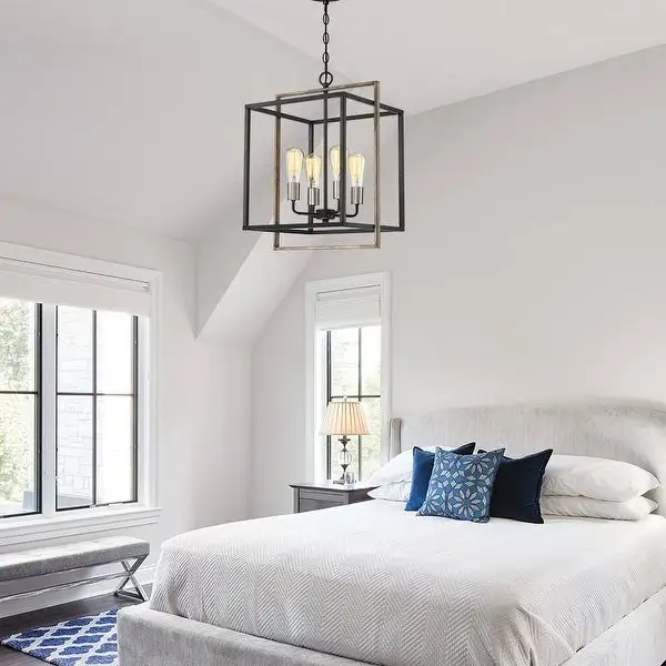 4-Light Black Square Farmhouse Chandelier with Wood Accents - 15.8