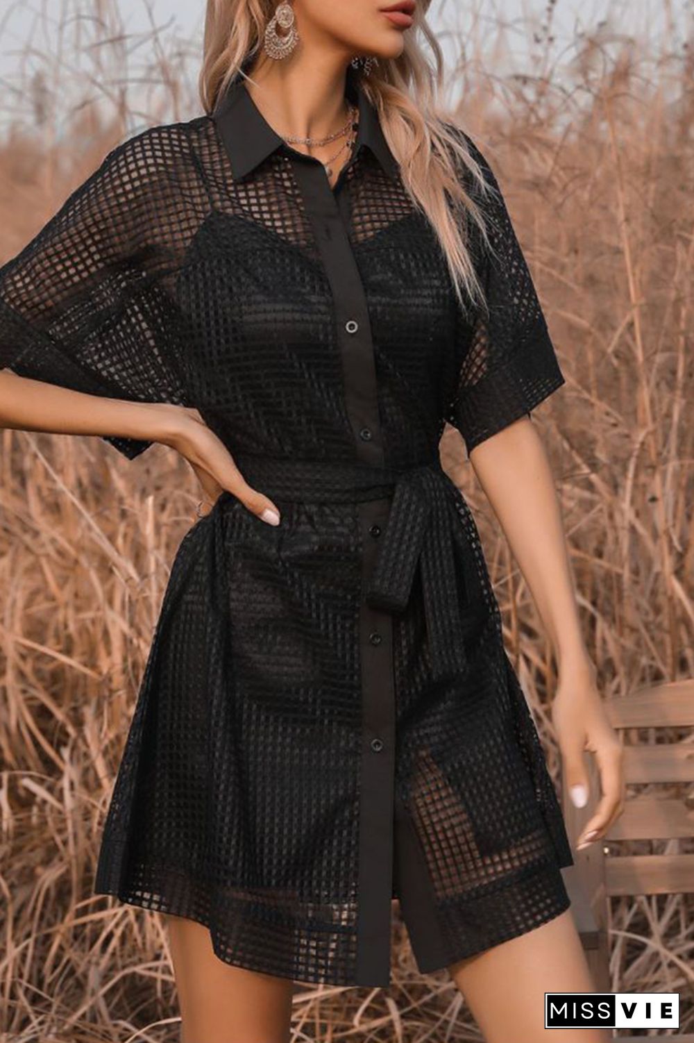 Lace-up Black Mesh Sheer Dress Wholesale