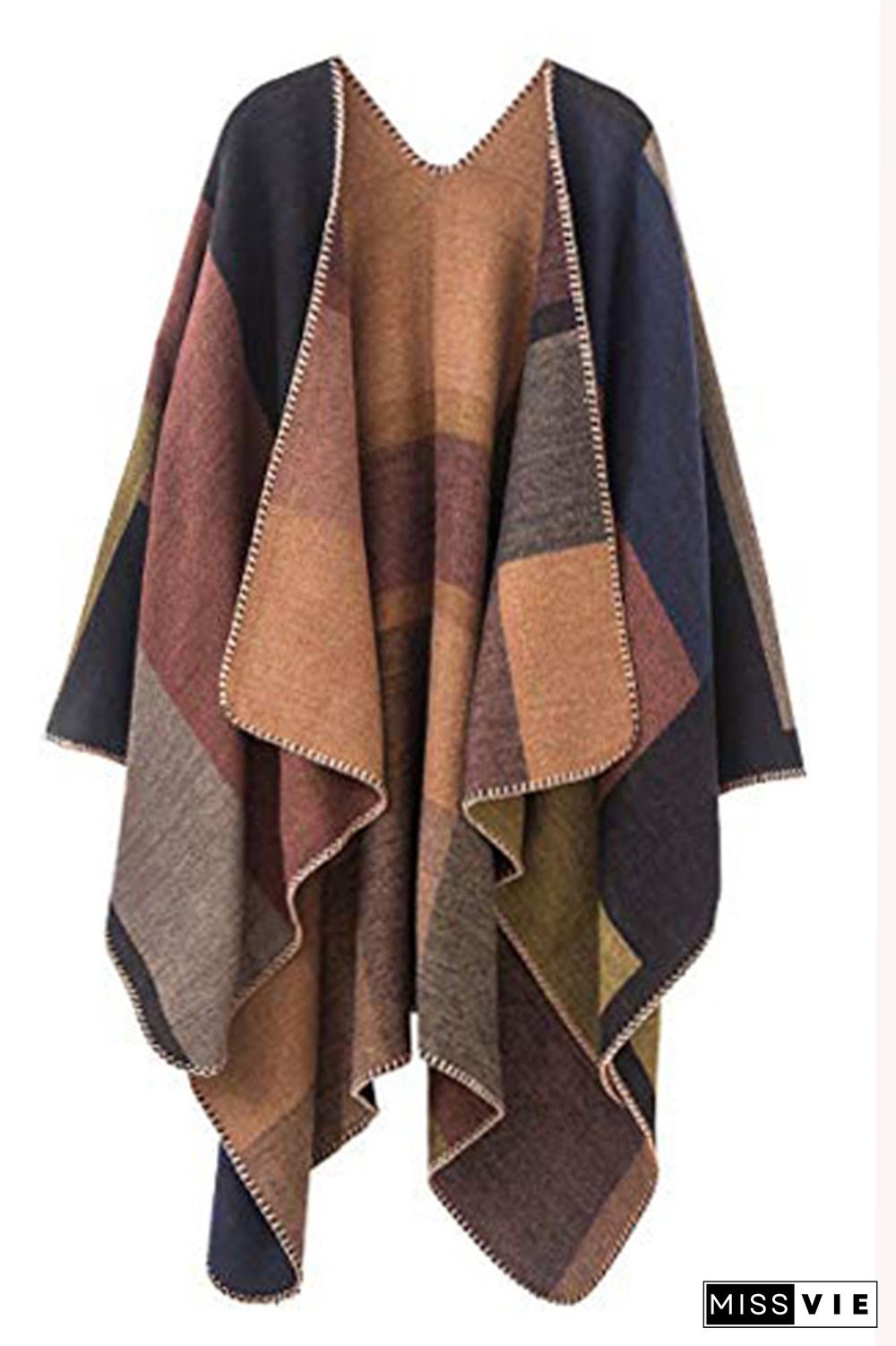 Colorblock Contrast Front Open Plaid Cape Cover Up