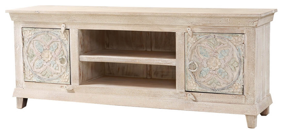 Queenstown Hand Carved Distressed Solid Wood 59 quotWhite TV Stand   French Country   Entertainment Centers And Tv Stands   by Sierra Living Concepts Inc  Houzz