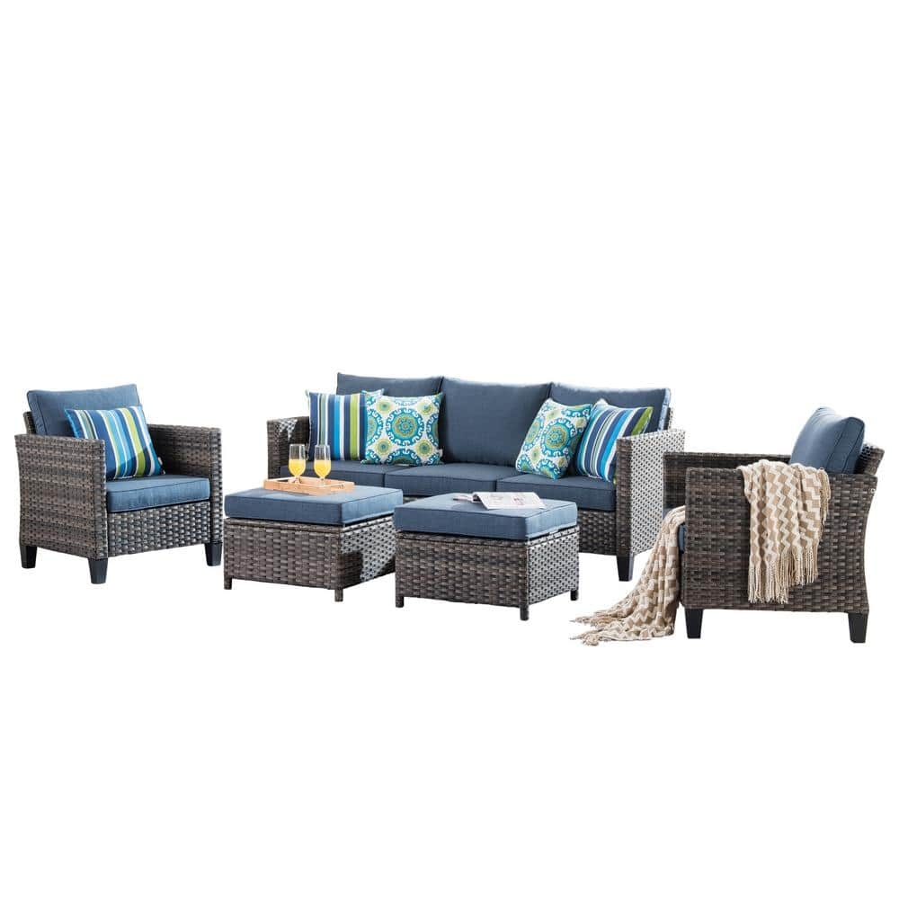 OVIOS New Vultros Gray 5-Piece Wicker Outdoor Patio Conversation Seating Set with Blue Cushions GRS302