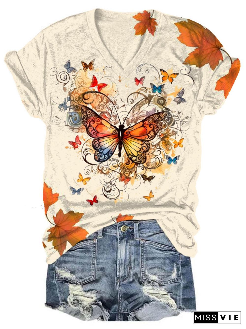 Floral Butterfly Print V Neck T-Shirt