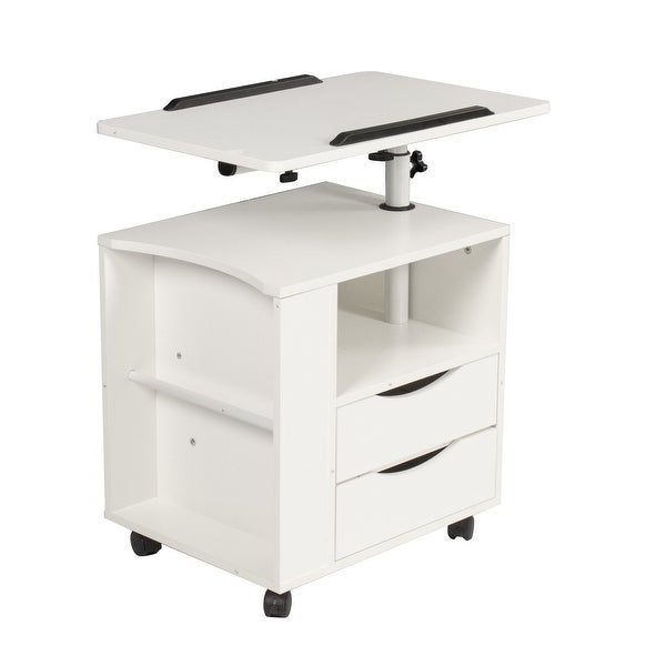 Height Adjustable Overbed End Table Wooden Nightstand with Swivel Top Storage Drawers Wheels and Open Shelf