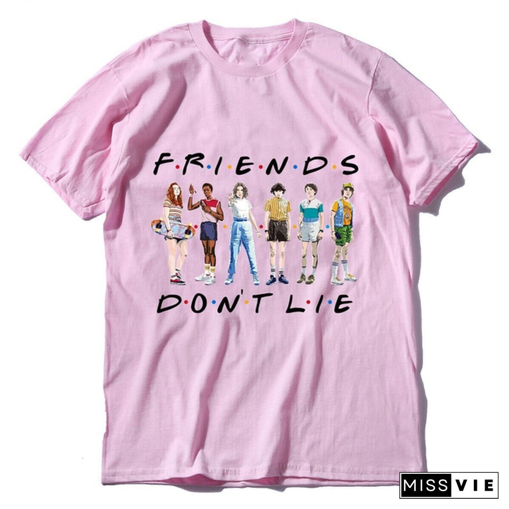 1Pcs Freind Dont Lie Six People Stand Printed T Shirt Stranger Things Letter Print Plus Size T Shirt White Short Sleeve Friends Dont Lie Printing Tees Feme Summe Tops