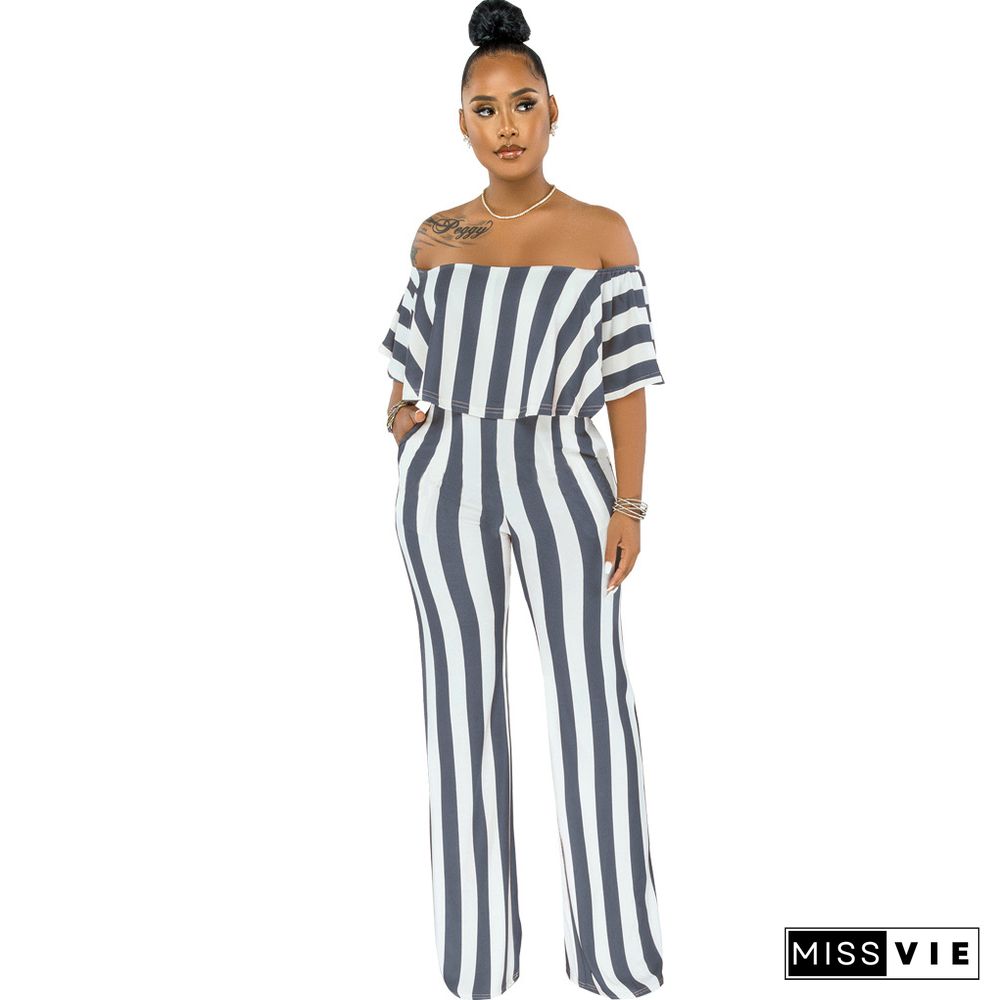 Striped Off Shoulder Wide Leg Jumpsuits