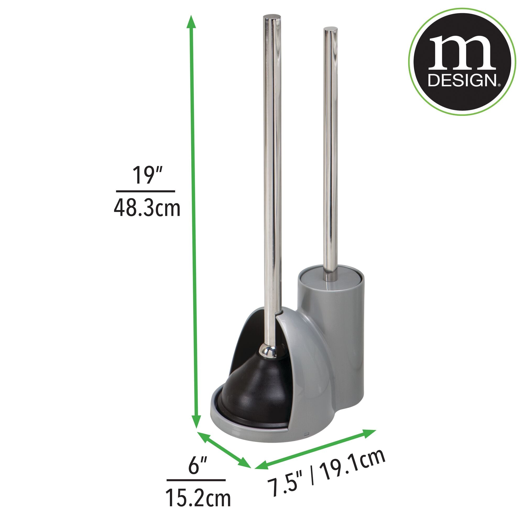 mDesign Compact Plastic Toilet Bowl Brush and Plunger Combo Set with Holder - Caddy for Bathroom Storage - Sturdy， Heavy Duty， Deep Cleaning - Silver/Brushed