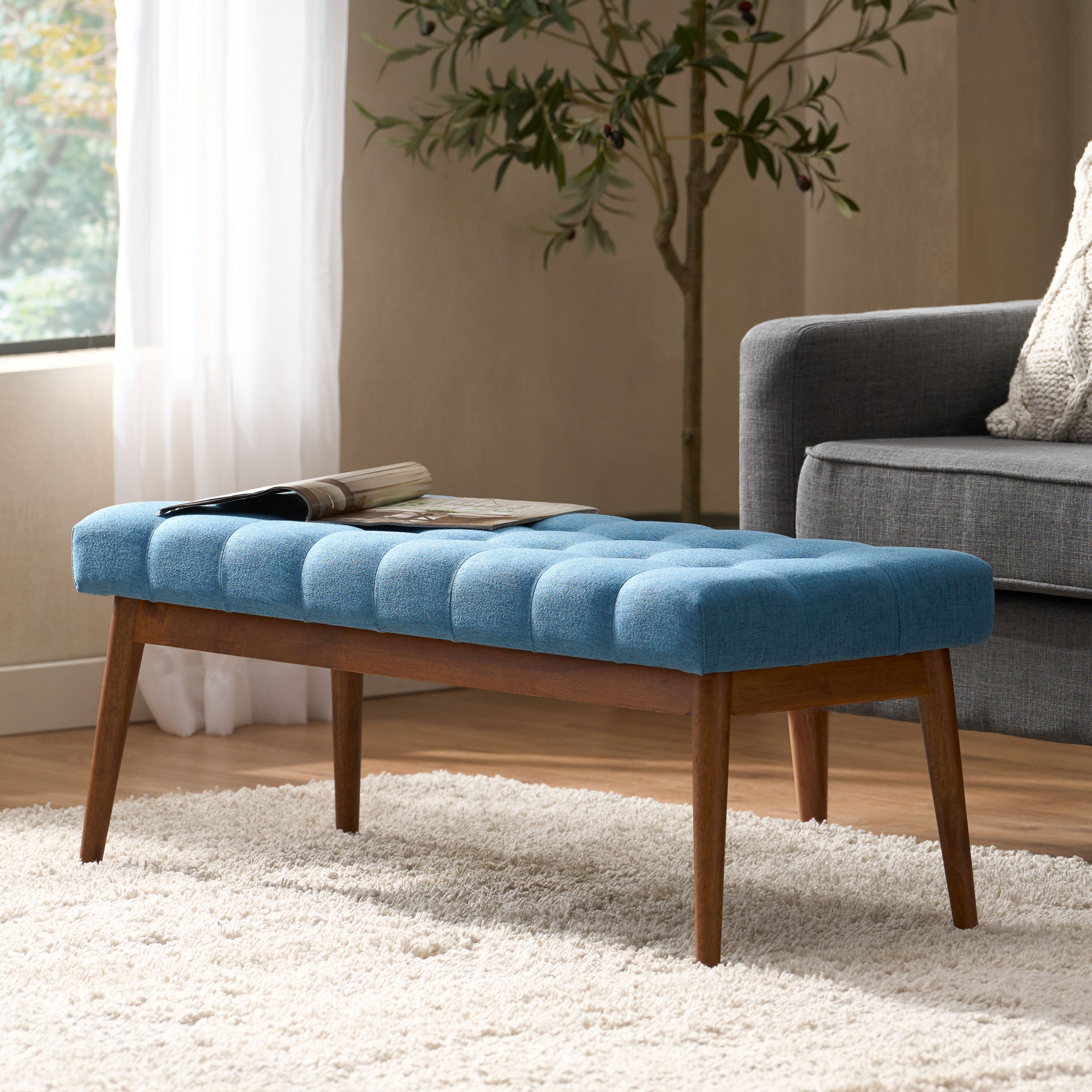 Flora Mid-Century Button Tufted Fabric Ottoman Bench with Tapered Legs