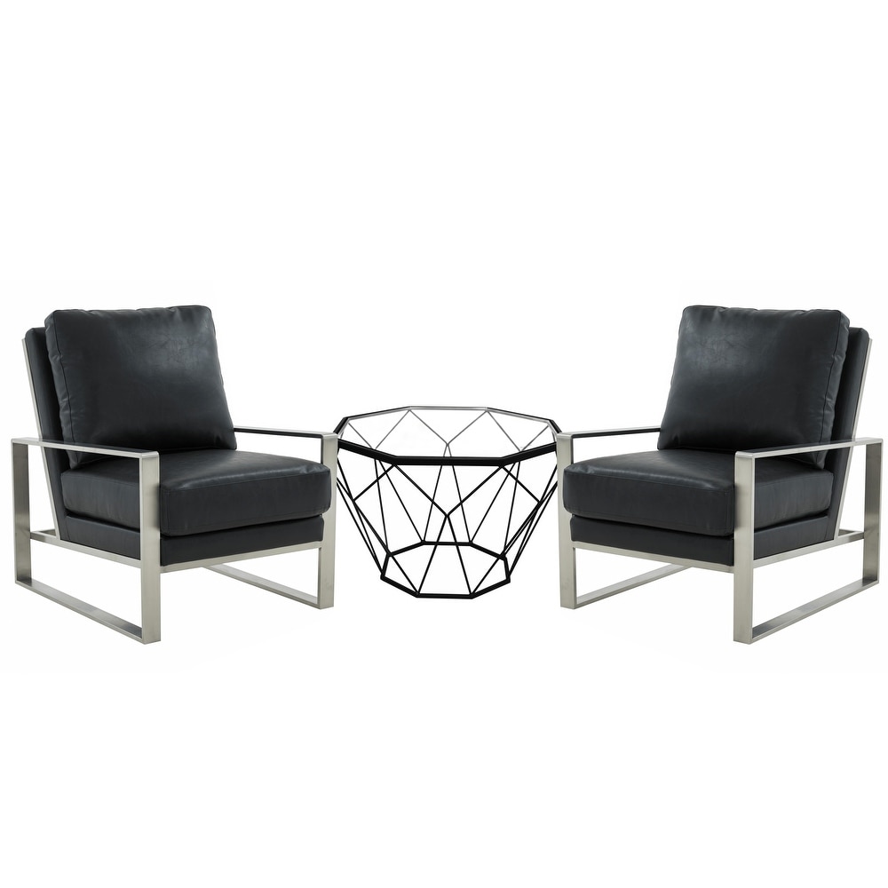 LeisureMod Jefferson Leather Arm Chairs with Silver Frame and Coffee Table with Geometric Base   36\