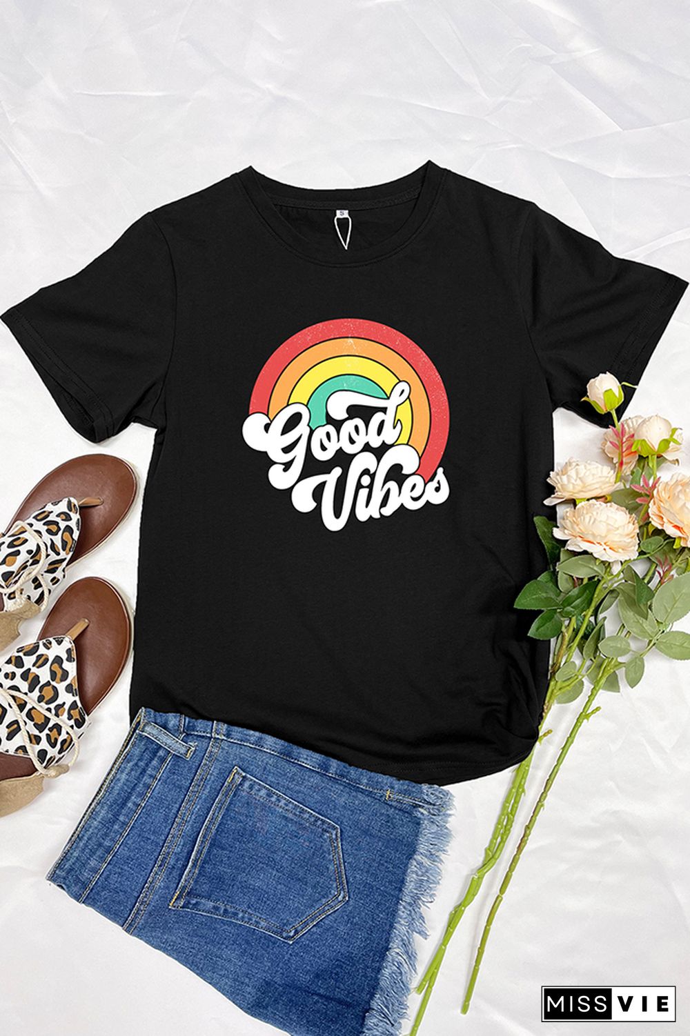 Good Vibes Vintage Rainbow Short Sleeve Graphic Tee Wholesale