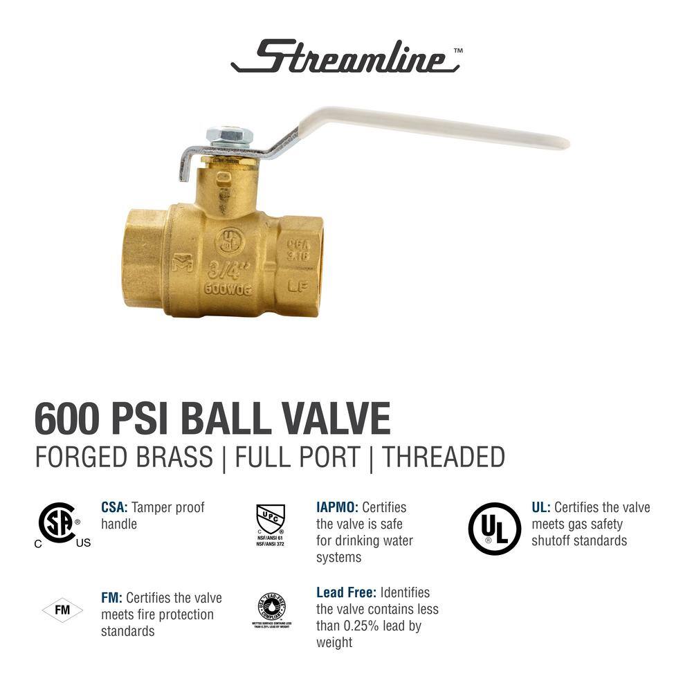 Streamline 34 in. Brass FPT Full Port Packing Gland Ball Valve 117-824H