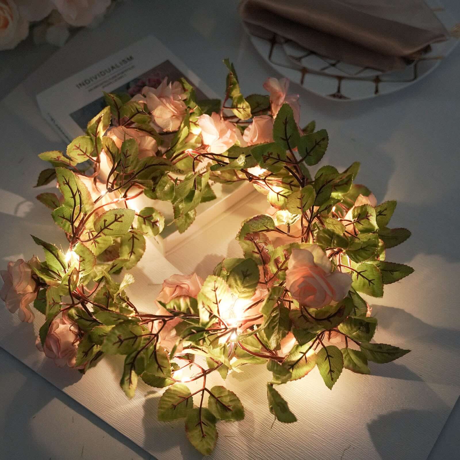 20 LED Blush Silk Rose Flower Garland Vine String Lights, Warm White Battery Operated 7ft