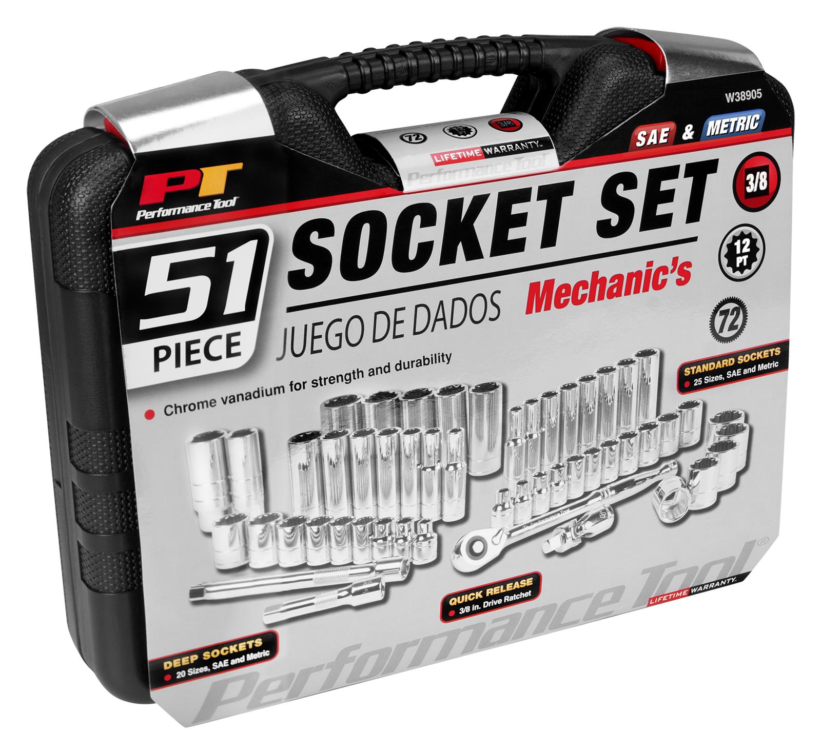 Performance Tool W38905 Performance Tool 51-Piece 3/8 in. Drive Mechanics Tool Sets