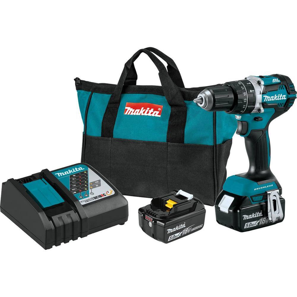 Makita 18V 5.0 Ah LXT Lithium-Ion Compact Brushless Cordless 12 in. Hammer Driver-Drill Kit XPH12T