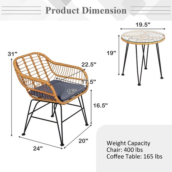 Costway 3PCS Patio Rattan Bistro Furniture Set Cushioned Chair Table