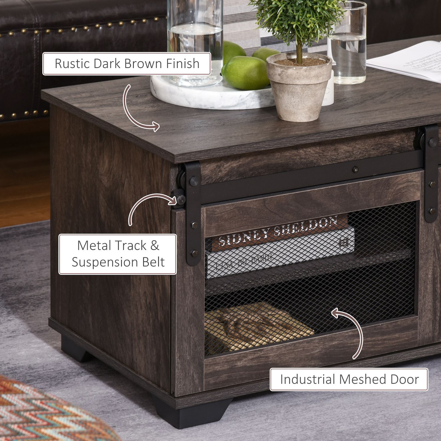 HOMCOM Farmhouse Coffee Table with Sliding Mesh Barn Door Storage Cabinet and Adjustable Shelves for Living Room Dark Brown