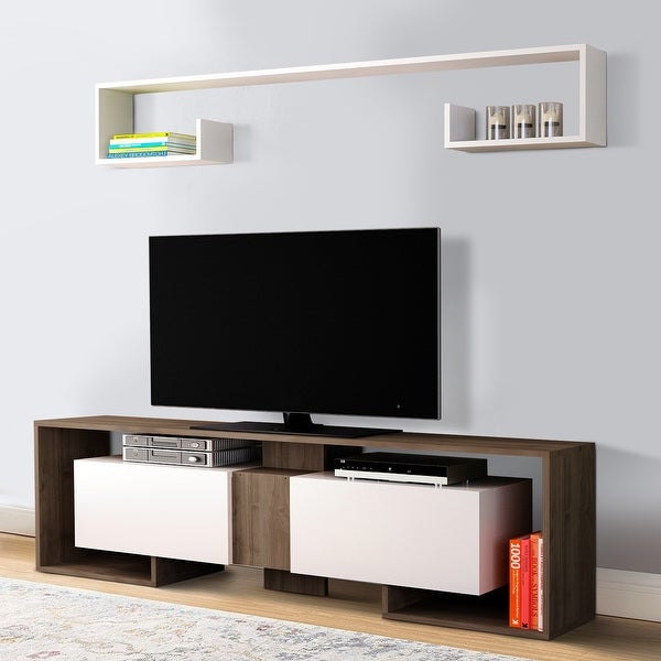 71 Inch Wooden TV Console Entertainment Media Center， 2 Piece Set， Wall Mounted Floating Shelf， White， Brown