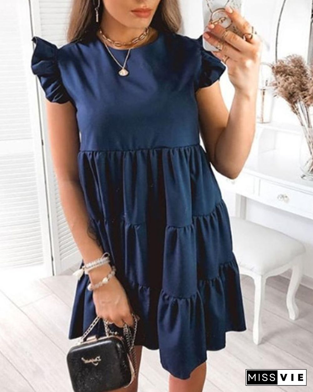 Solid Short Sleeve Ruffles A-line Cake Dress P15274