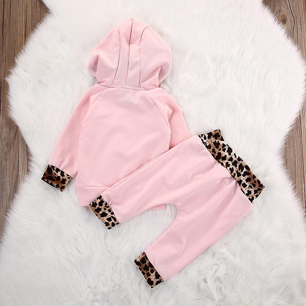 2pcs Cute Newborn Baby Girls Pink Leopard Hoodie T-shirt Top Pants Outfits Set 90cm