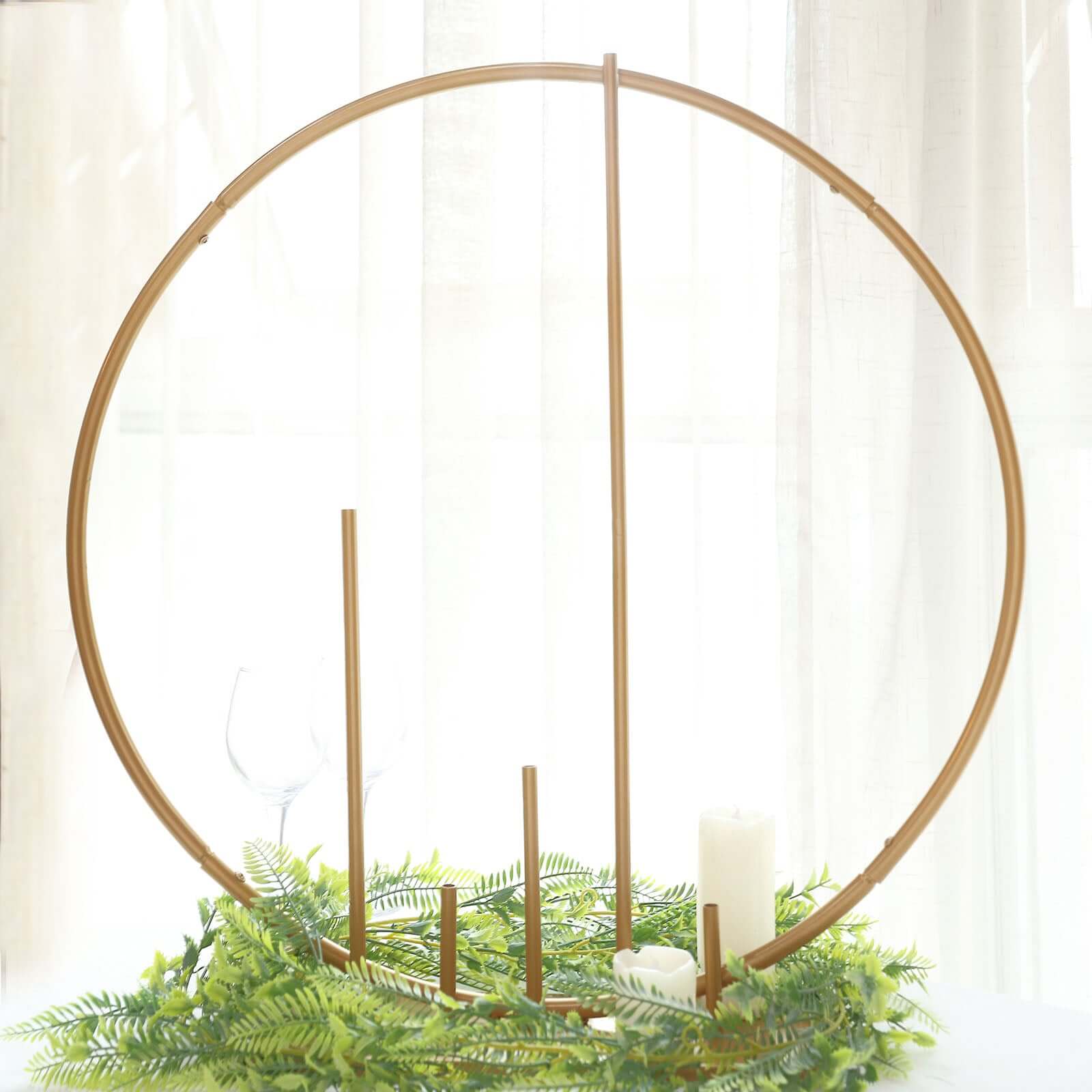 Gold Metal Round Floral Hoop Wedding Table Centerpiece With Pillars, Self Standing Balloon Arch Frame 24