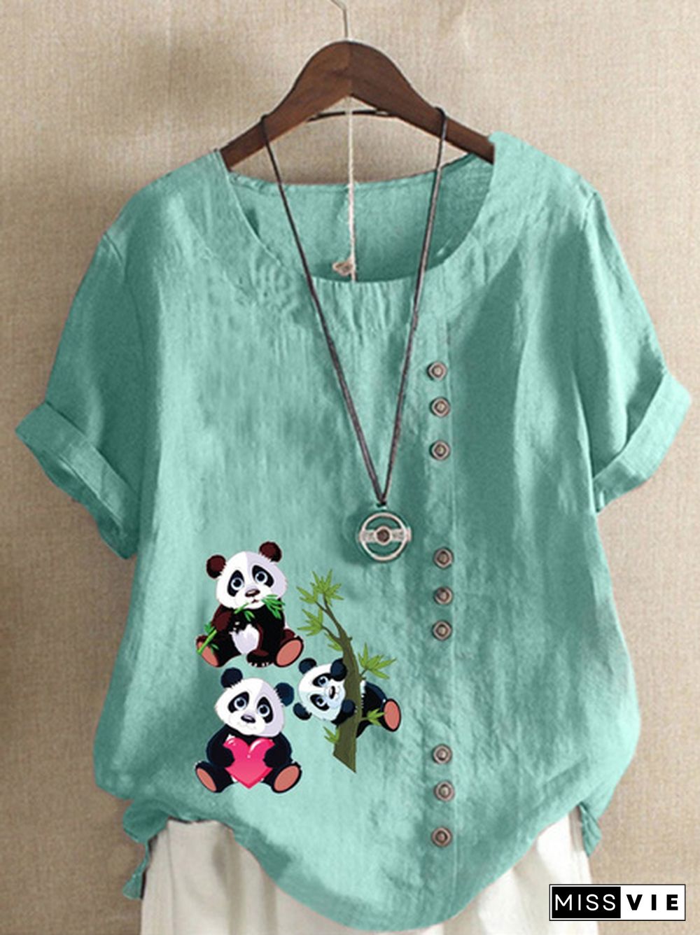 Women's Summer New Fashion Panda Print Round Neck Short-sleeved T-shirt Casual Loose Solid Color Shirt Top Plus Size