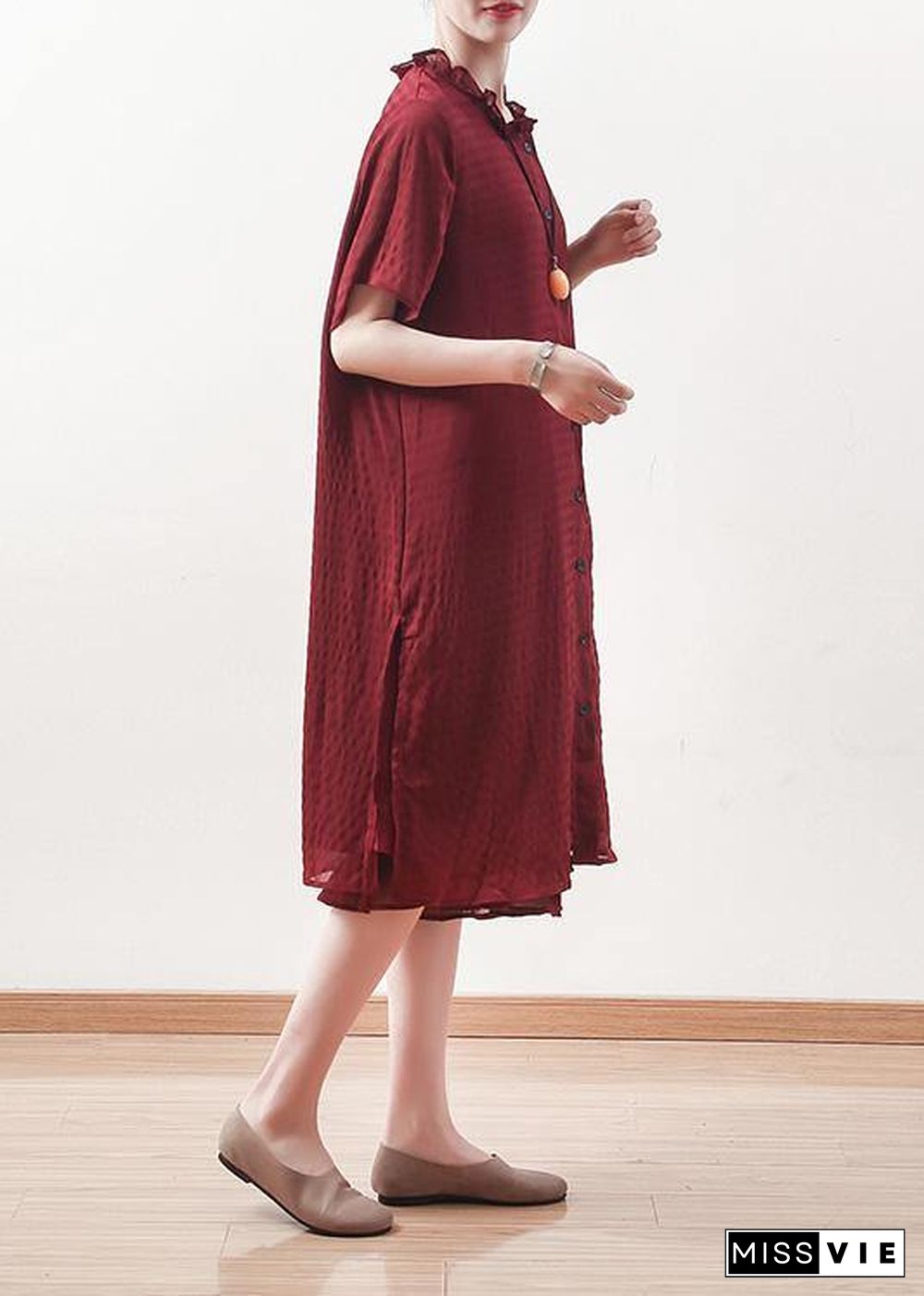 Beautiful red Chiffon clothes ruffles collar short summer shirt Dress