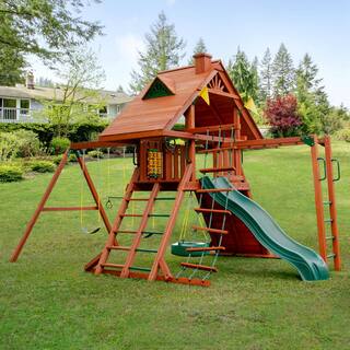 Gorilla Playsets Sun Palace II Wooden Outdoor Playset with Monkey Bars Wave Slide Rock Wall and Backyard Swing Set Accessories 01-0013