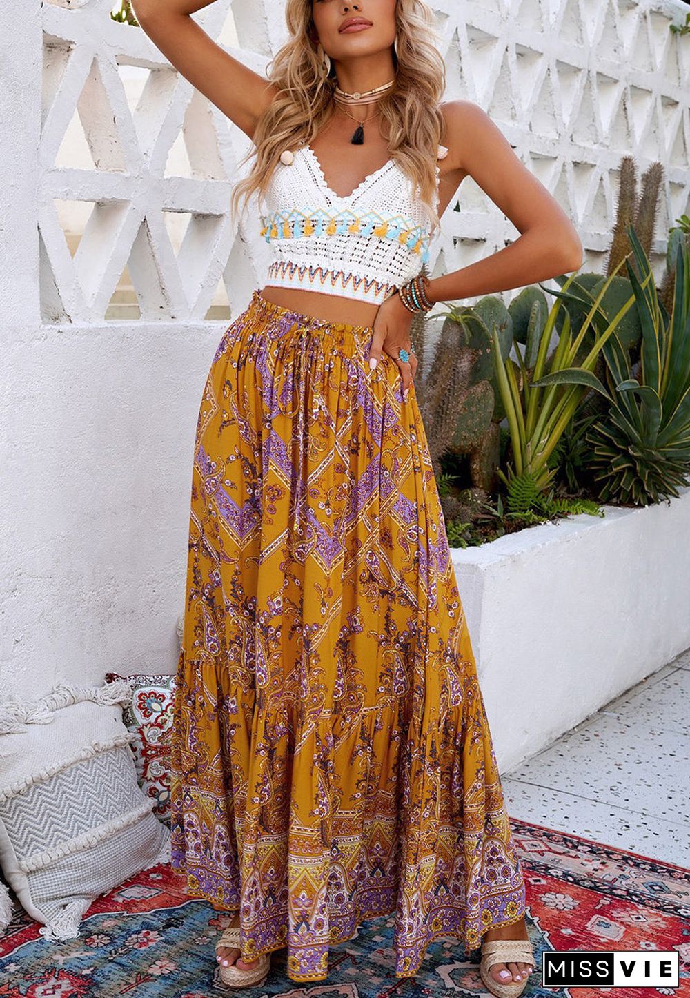 Drawstring Waist Bohemian Maxi Dress