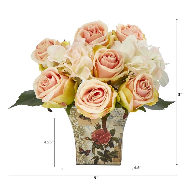 Nearly Natural 8 in Rose And Hydrangea Bouquet Artificial Arrangement In Floral Vase