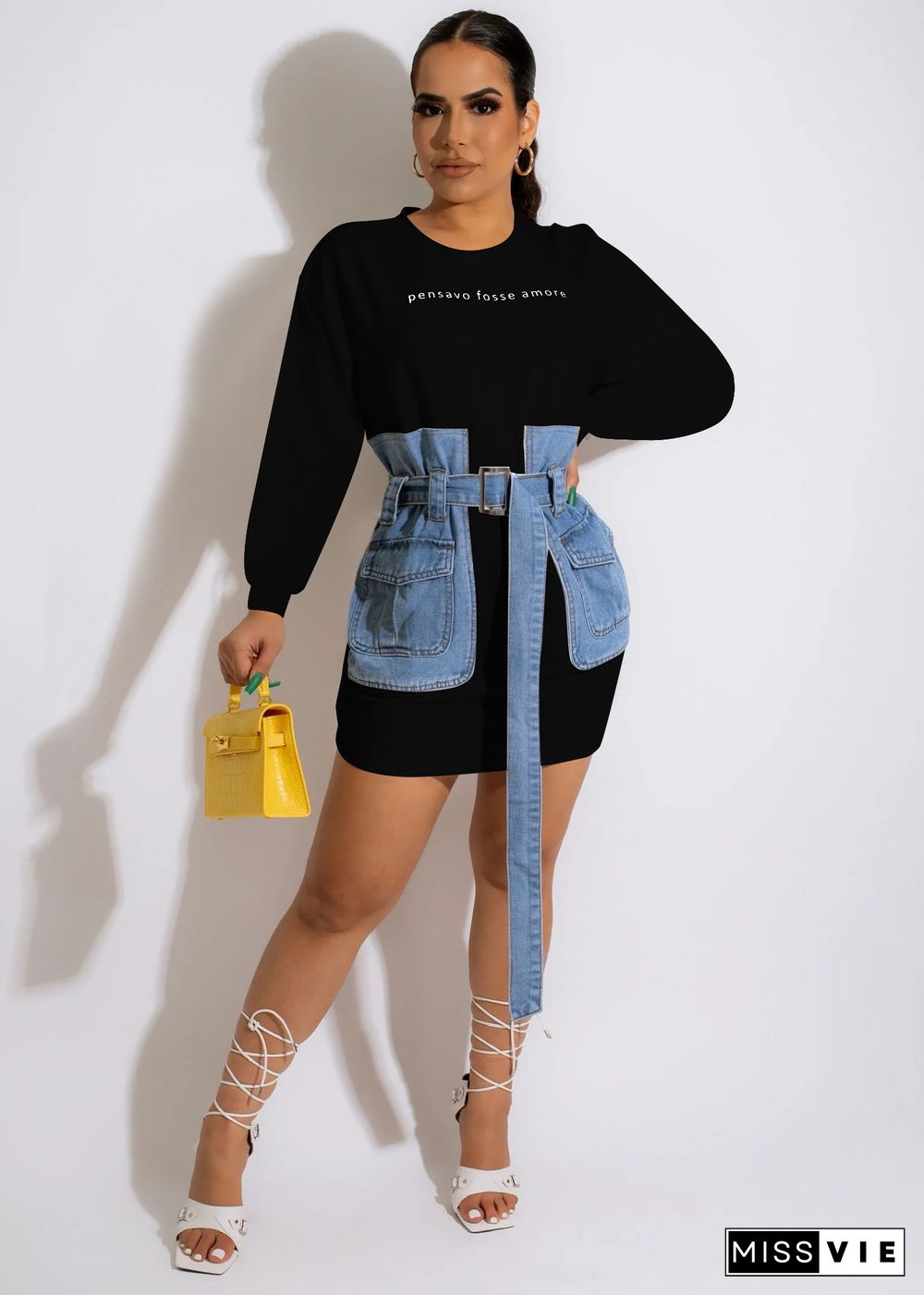 Long Sleeve Denim Patchwork Dress with Belt