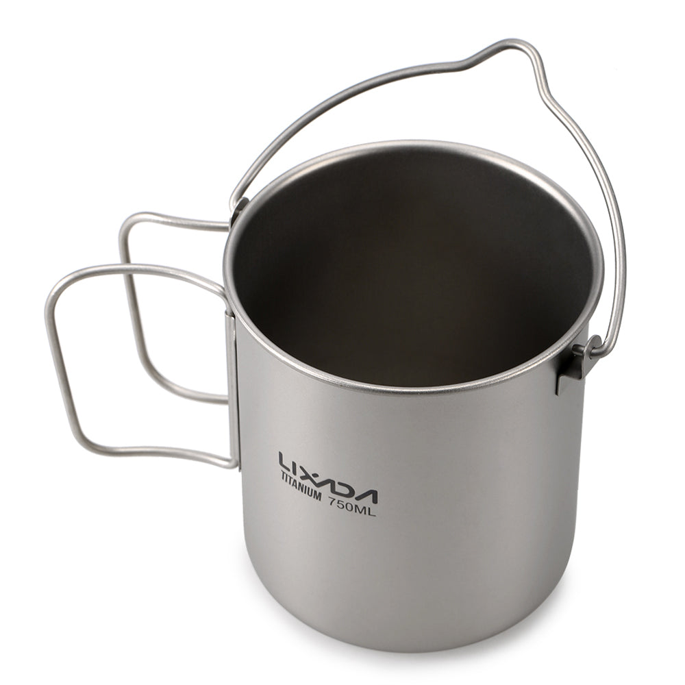 Lixada Ultralight 750ml Titanium Pot Portable Titanium Mug Cup with Lid and Foldable Handle Outdoor Camping Cooking Picnic