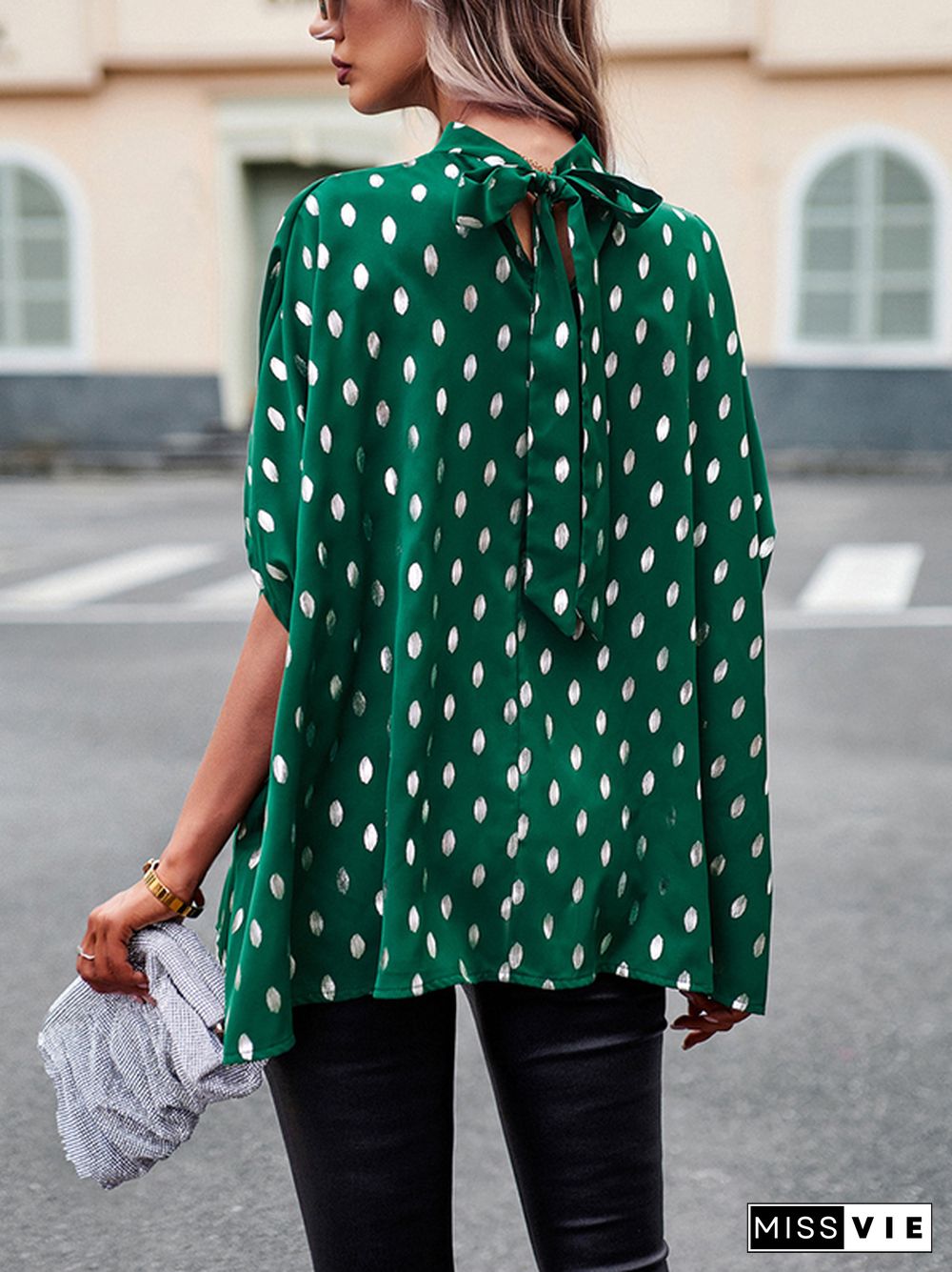 Loose Bandage Polka Dot Round-Neck Blouses&Shirts Tops