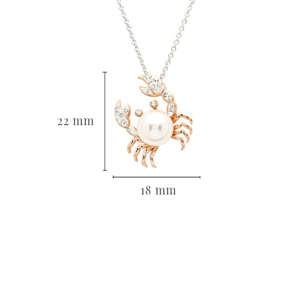 Ocean  Sterling Silver Pearl Crab Necklace with White Crystals and Rose Gold