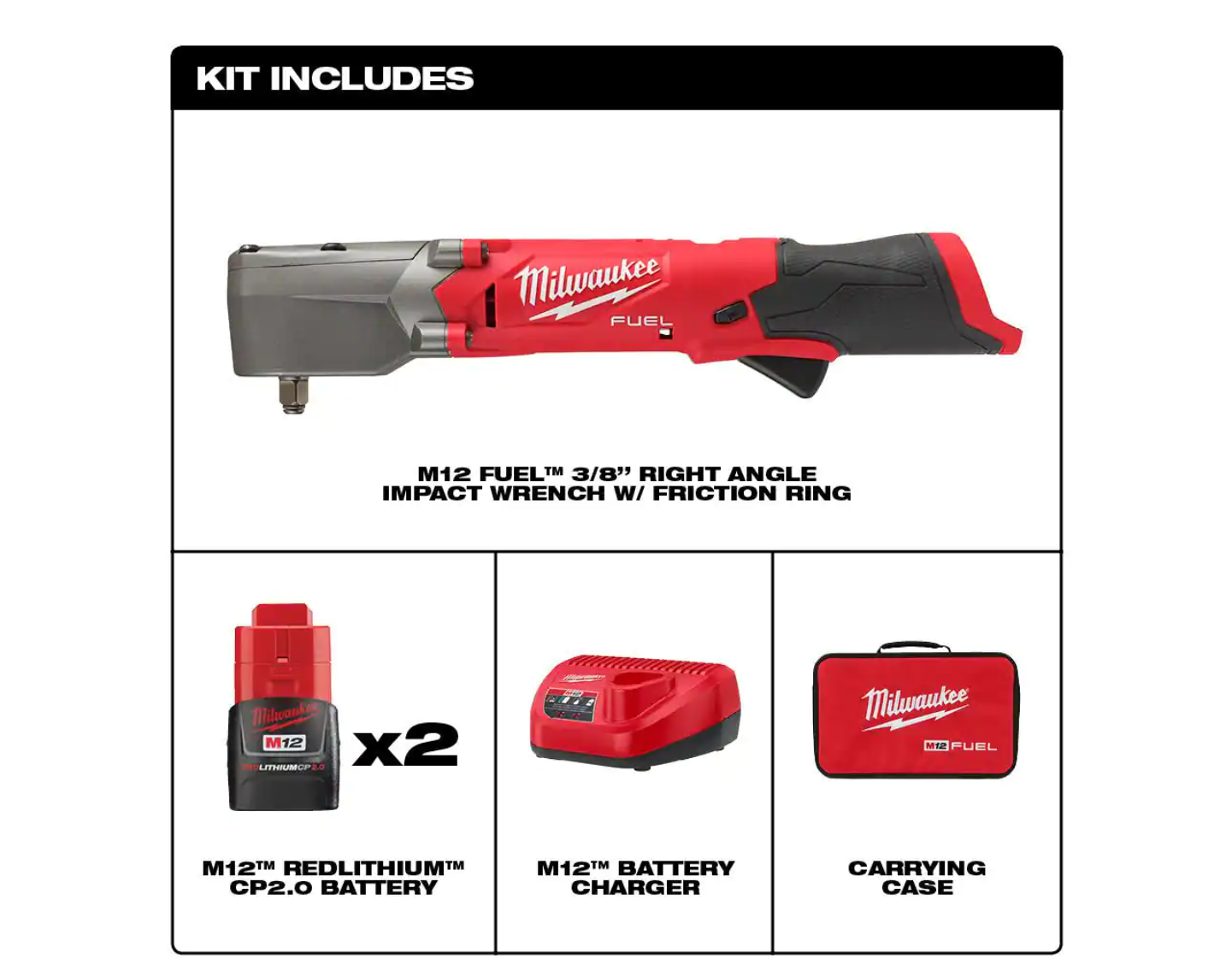 Milwaukee 2564-22 M12 FUEL 12V Lithium-Ion Brushless Cordless 3/8 in. Right Angle Impact Wrench Kit with Two 2.0 Ah Batteries