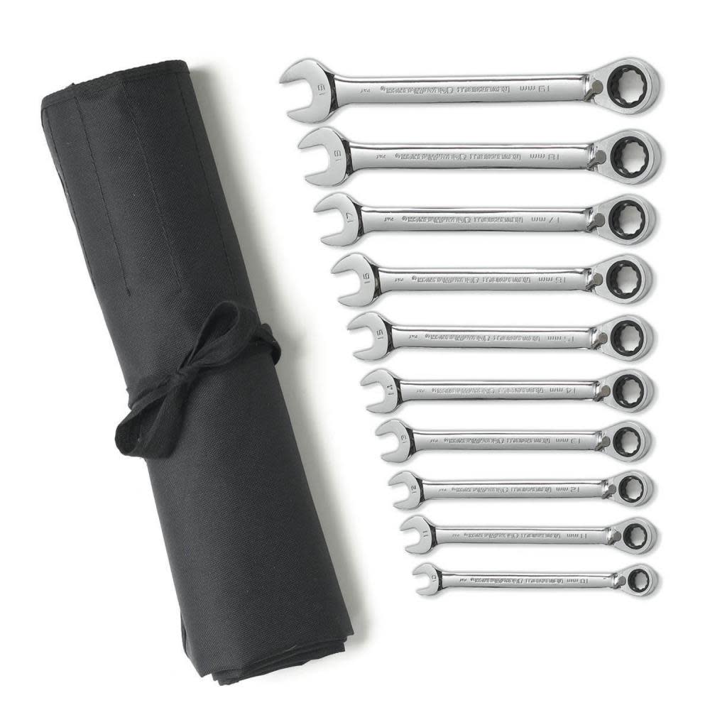 10 Pc 12 Point Reversible Ratcheting Combination Metric Wrench Set with Tool Roll