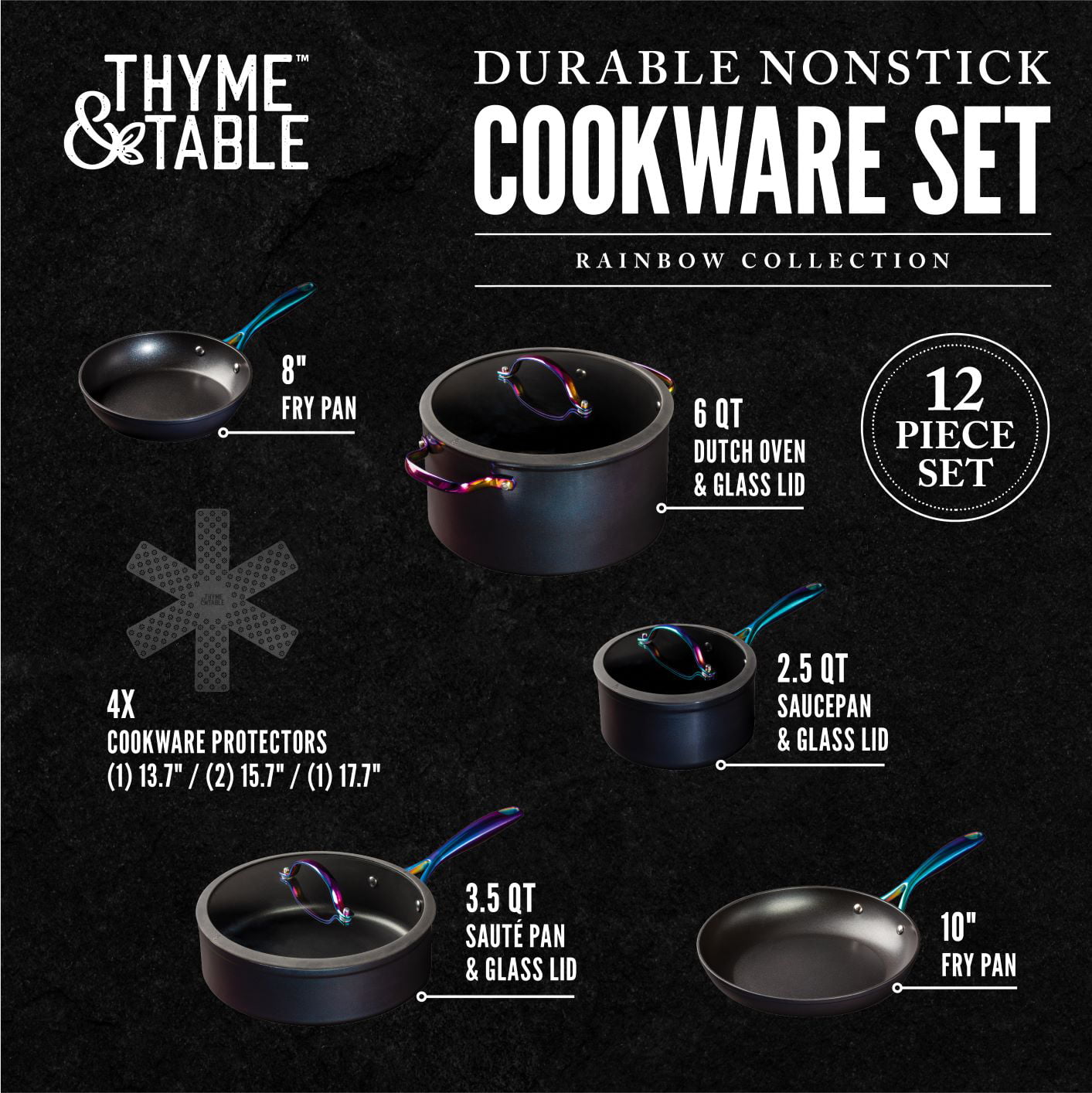 Thyme and Table， 12-Piece Cookware Set， Rainbow