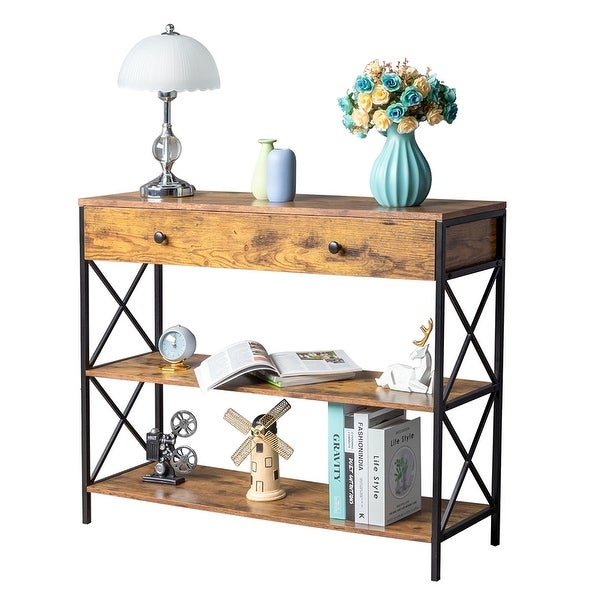 Industrial Style 3-Tier Console Table with Drawer and Shelves