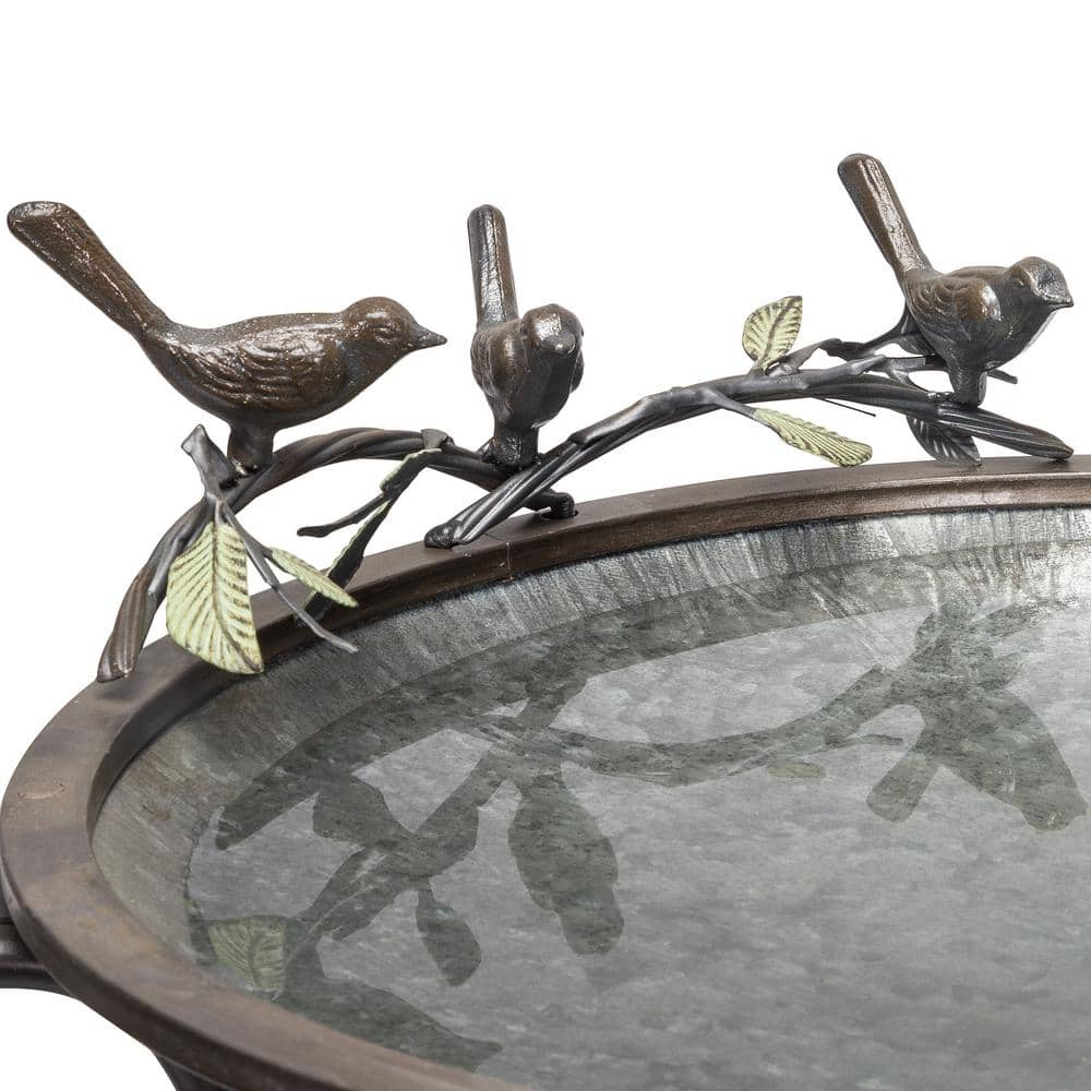 Alpine Corporation 36 in. Tall Outdoor Antique Style Galvanized Metal Birdbath Bowl with Bird Figurines ORS684