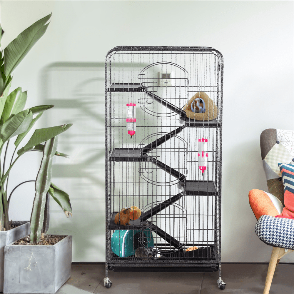 Yaheetech 52'' 6 Level Indoor Ferret Rabbit Small Animal Cage Hutch Black with 3 Front Doors