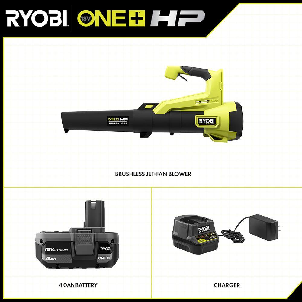 RYOBI ONE+ HP 18V Brushless 110 MPH 350 CFM Cordless Variable-Speed Jet Fan Leaf Blower w 4.0 Ah Battery and Charger P21120