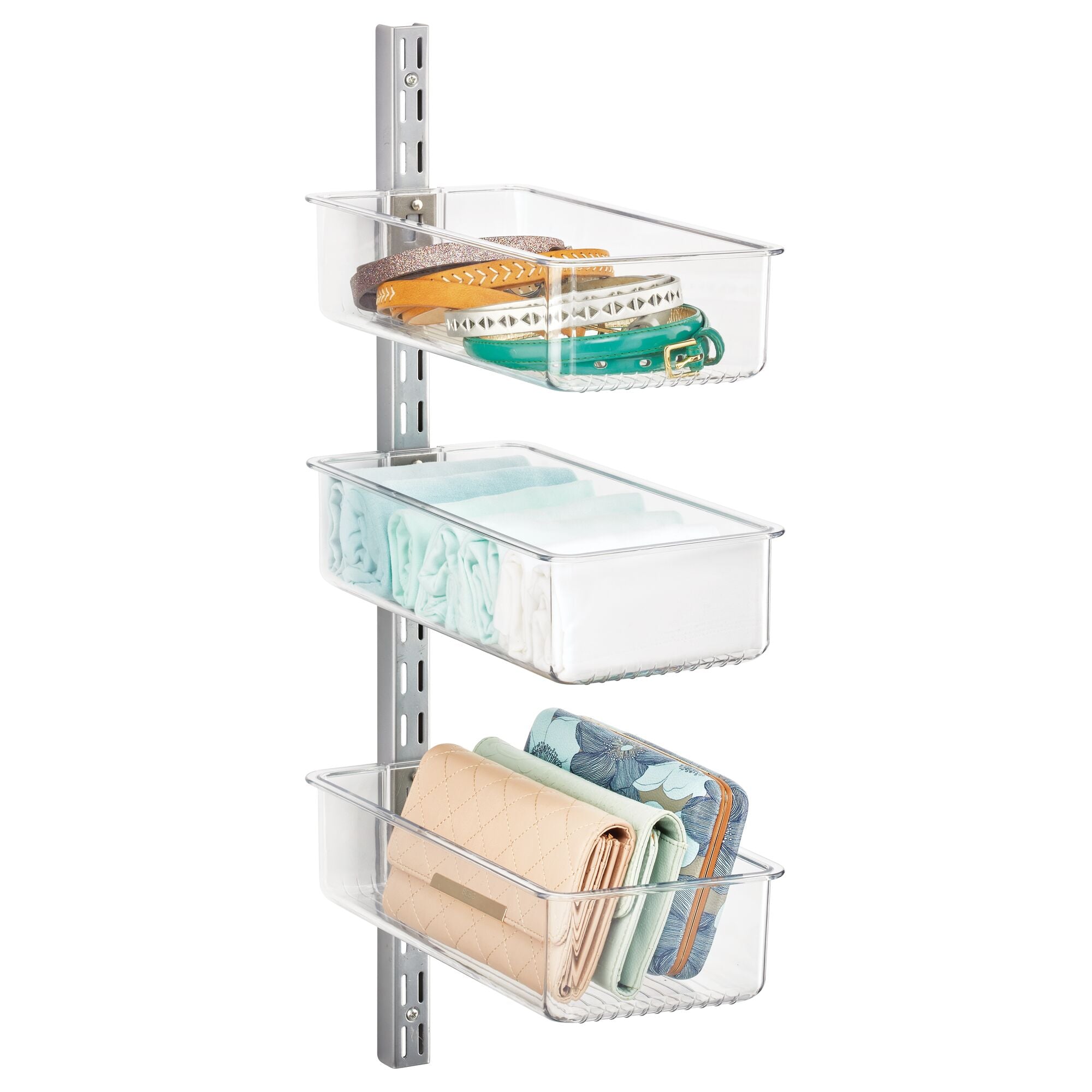 mDesign Plastic Wall Mount Bins with Metal Hanging Bar - Repositionable Bins - For Closet Storage and Organization - Holds Belts, Leggings, Shoes, Purses, Scarfs - Bins 3" high - 3 Bins + Rail - Clear