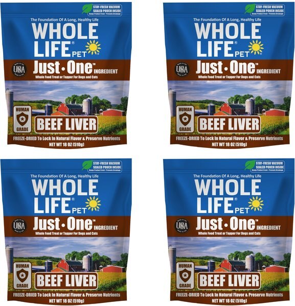 Whole Life Just One Beef Liver Value Pack Dog Freeze-Dried Treats， 18-oz bag， case of 4