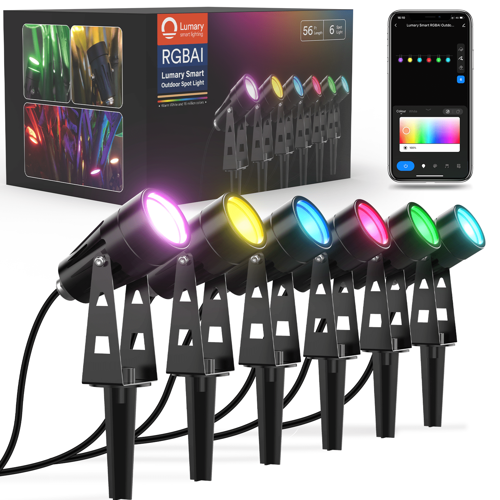 Lumary 56Ft Smart Landscape Lights Waterproof RGBAI Color Changing Landscape Spotlight WiFi APP/Voice Contro（1*6 Pack）