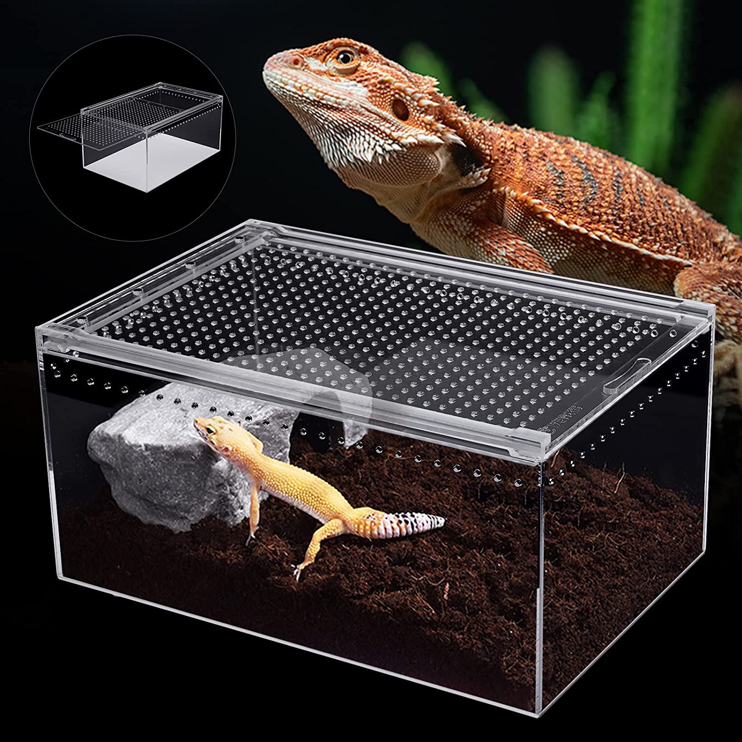 CNCEST 2.5 Gallon Reptile Breeding Box Terrarium Cage Large Magnetic Acrylic Enclosure