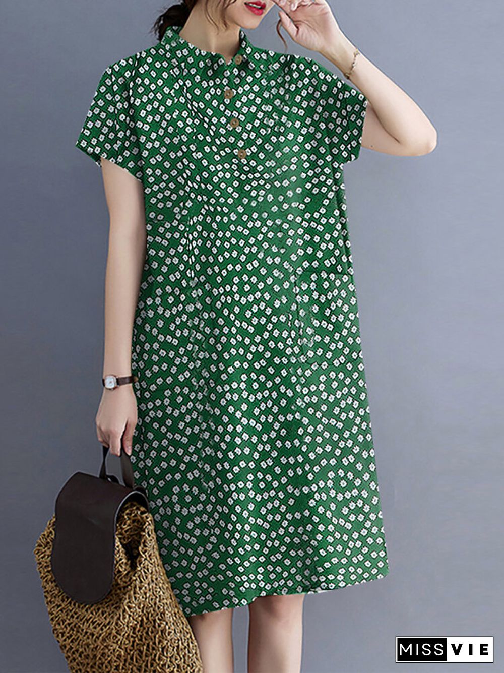 Calico Button Pocket Lapel Short Sleeve Casual Midi Print Dress